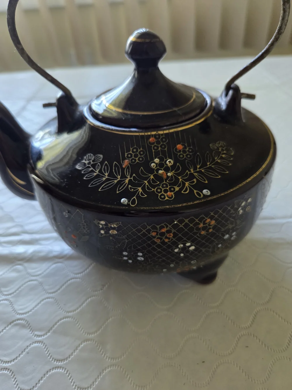 Vintage Black Floral Ceramic Teapot Overhead Metal Handle Tea Pot Cottagecore